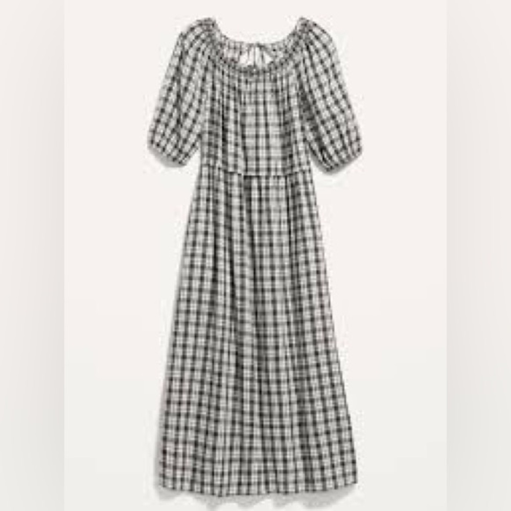 Old Navy Puff-Sleeve Plaid Smocked Midi Swing Dress MT Medium Tall Black Plaid - Picture 2 of 12